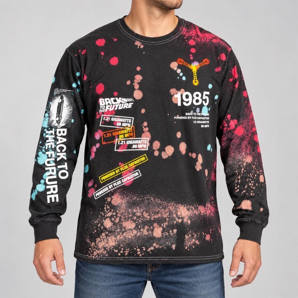 Back to the Future 1985 Splatter Long Sleeve Graphic T-Shirt Large